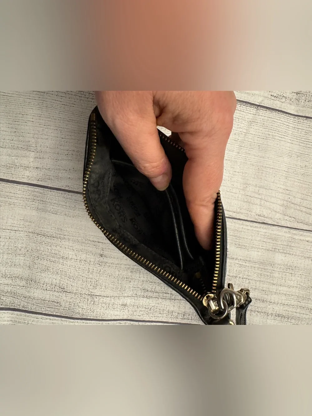 Michael Kors Black Leather Wristlet Clutch Gold Logo Small Purse